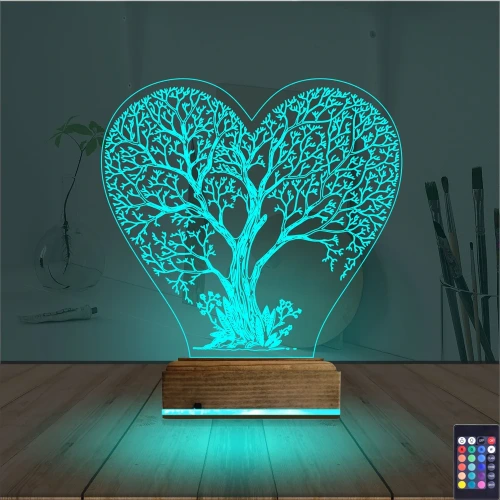 Hayat Ağacı Kalp Ağaç 3D Lamba - Masa Gece Lambası