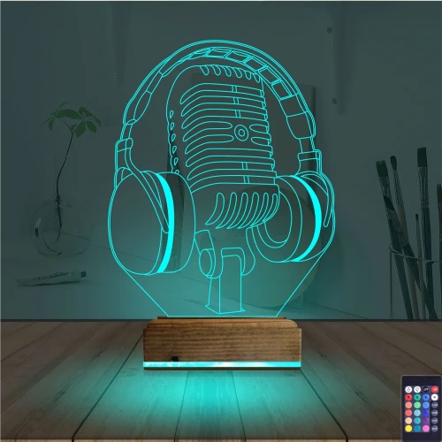 Dj Müzik Mikrofon Kulaklık 3D Lamba - Masa Gece Lambası