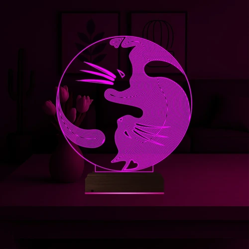 Kedi Ying Yang Denge 3D Lamba - Masa Gece Lambası