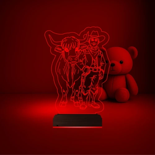 Çocuk Odası İnek Kovboy 3D Lamba - Masa Gece Lambası