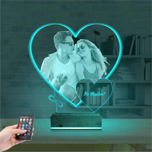 Kalp Sevgiliye Hediye Fotoğraflı 3D Lamba - Masa Gece Lambası