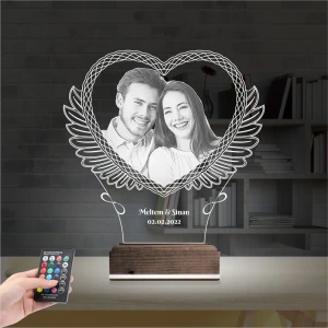 Kalp Melek Sevgiliye Hediye Fotoğraflı 3D Lamba - Masa Gece Lambası