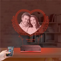 Kalp Melek Sevgiliye Hediye Fotoğraflı 3D Lamba - Masa Gece Lambası
