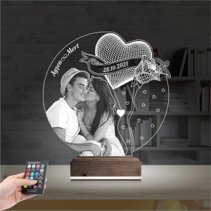 Kalp Gül Sevgiliye Hediye Fotoğraflı 3D Lamba - Masa Gece Lambası