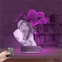 Kalp Gül Sevgiliye Hediye Fotoğraflı 3D Lamba - Masa Gece Lambası