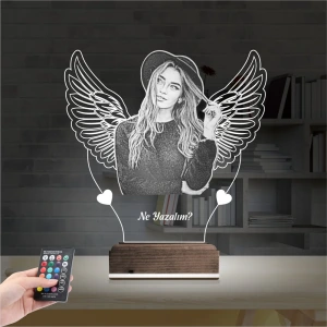 Kalp Melek Sevgiliye Hediye Fotoğraflı 3D Lamba - Masa Gece Lambası