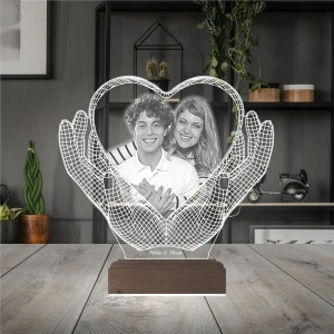 Kalp El Sevgiliye Hediye Fotoğraflı 3D Lamba - Masa Gece Lambası