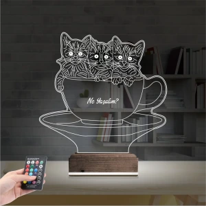 Kedi Fincan Tasarım Kişiye Özel 3D Lamba - Masa Gece Lambası