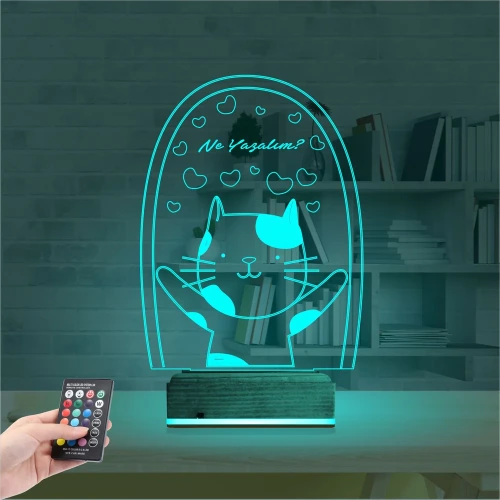 Sevimli Kedi Kalp Kişiye Özel 3D Lamba - Masa Gece Lambası