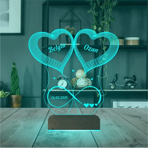 2 Kalp Sonsuzluk Sevgiliye Hediye Kişiye Özel 3D Lamba - Masa Gece Lambası