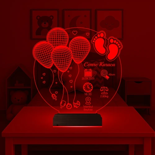 Bebek Odası Hediye Balonlu Doğum Hediyesi Kişiye Özel 3D Lamba - Masa Gece Lambası