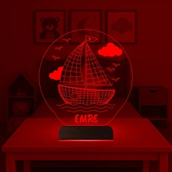 Çocuk Odası Hediye Gemi Yelkenli Kişiye Özel 3D Lamba - Masa Gece Lambası