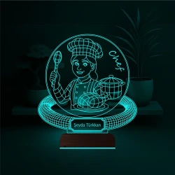 Chef Şef Aşçı Kadın Kişiye Özel 3D Lamba - Masa Gece Lambası