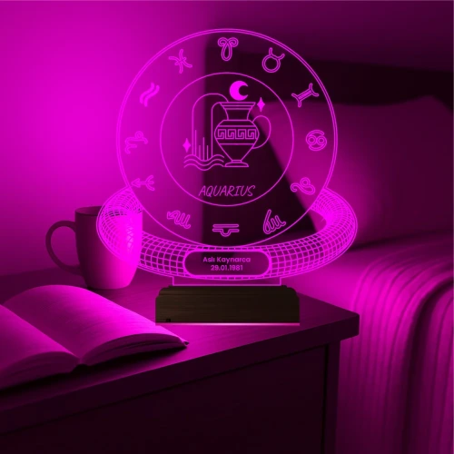 Kova Burcu Aquarius Astroloji Doğum Günü Hediyesi Kişiye Özel 3D Lamba - Masa Gece Lambası
